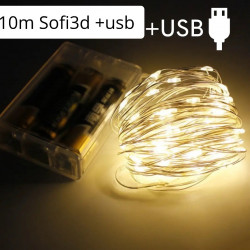 гірлянда роса на батарейках+USB роз’єм 100 LED 10м +USB, Теплый белый цвет sofi3d